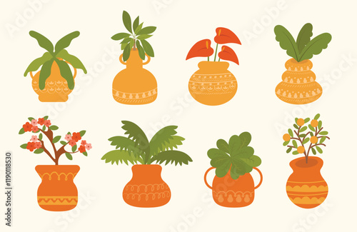 Rustic Pots and Blossoming Foliage Hand Drawn Illustration
