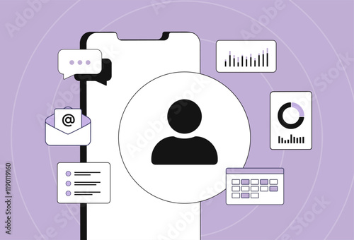 User profile and analytics on smartphone screen with email notifications, charts and data visuals. Perfect for social media management, digital marketing and online communication illustration concept