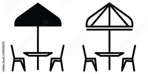 Terrace cafe icon set. Different colored umbrellas and tables, showing terrace icon. Minimalist simple symbol of cafe. Vector illustrator