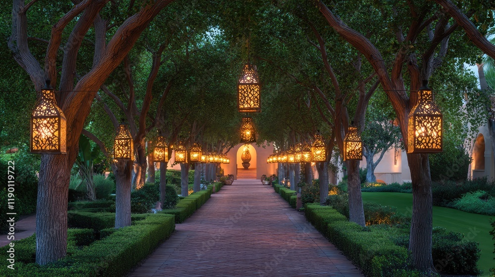 Obraz premium A tree-lined outdoor pathway lit by glowing lantern-style lights, creating a romantic and tranquil evening setting