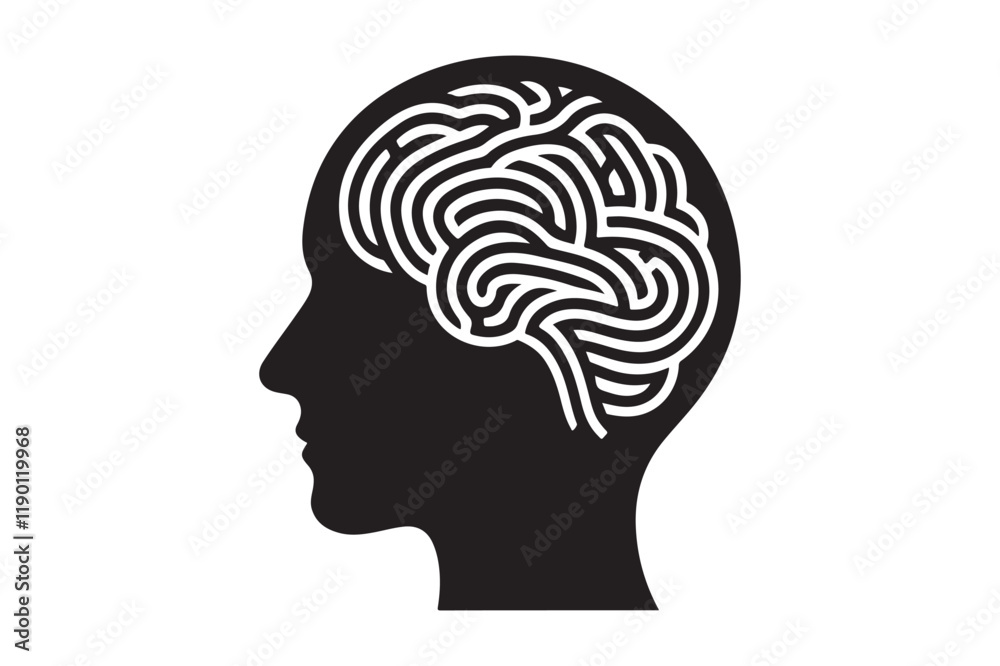 Human head profile with brain symbol, black icon vector illustration Human head profile with brain symbol, black icon vector illustration