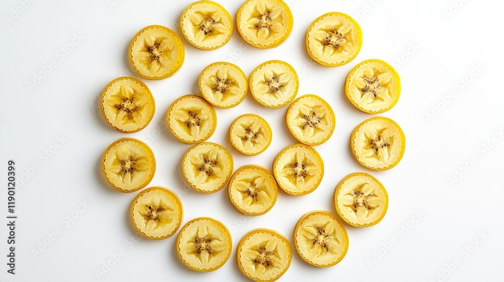 Sliced Yellow Bananas Arranged in Circular Pattern on White Surface