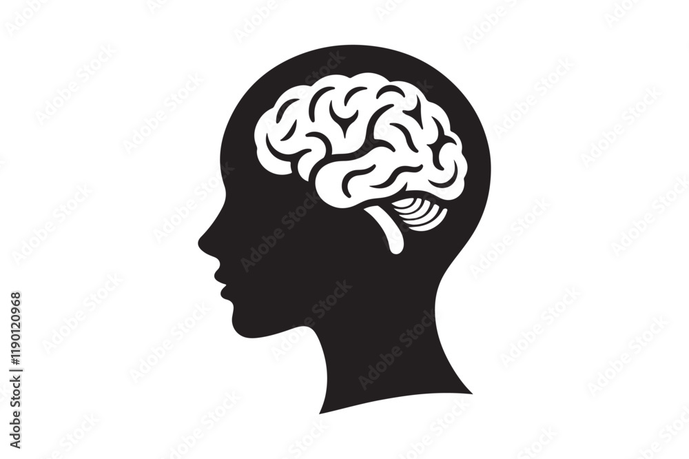 Human head profile with brain symbol, black icon vector illustration Human head profile with brain symbol, black icon vector illustration