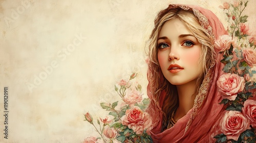 old school vintage illustration portrait of mother mary with roses marian imagery