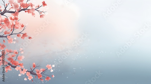 Delicate Pink Blossoms on Branch Against Soft Sky