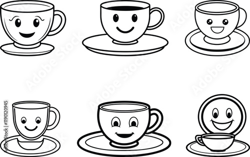 A Cute smiling cup plate set vector, a smiling cup plate silhouette vector art, a smiling cup plate line art vector illustration