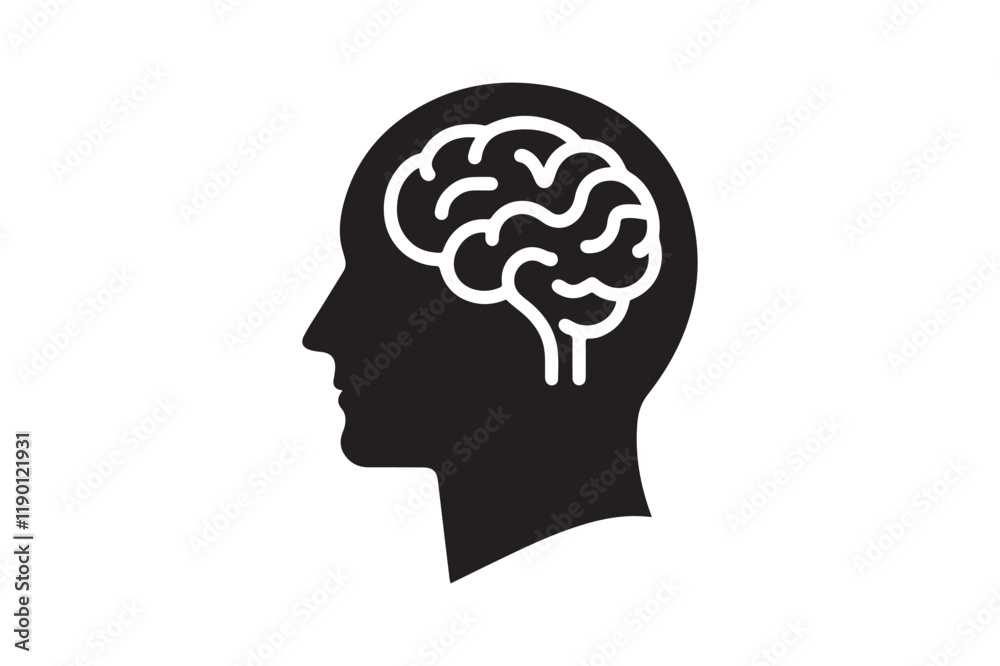 Human head profile with brain symbol, black icon vector illustration Human head profile with brain symbol, black icon vector illustration
