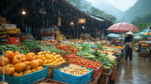 outdoor market in vietnam on a rainy da