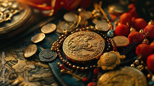 A close-up of Chinese New Year lucky charms and symbols