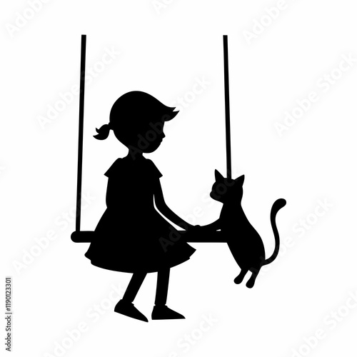 Vector-silhouette-of-a-girl-sitting-swinging with cat sitting next to it-1