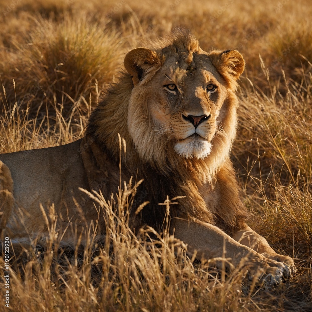 A lion resting in the golden savanna grass under the warm sunlight. A lion resting in the golden savanna grass under the warm sunlight.