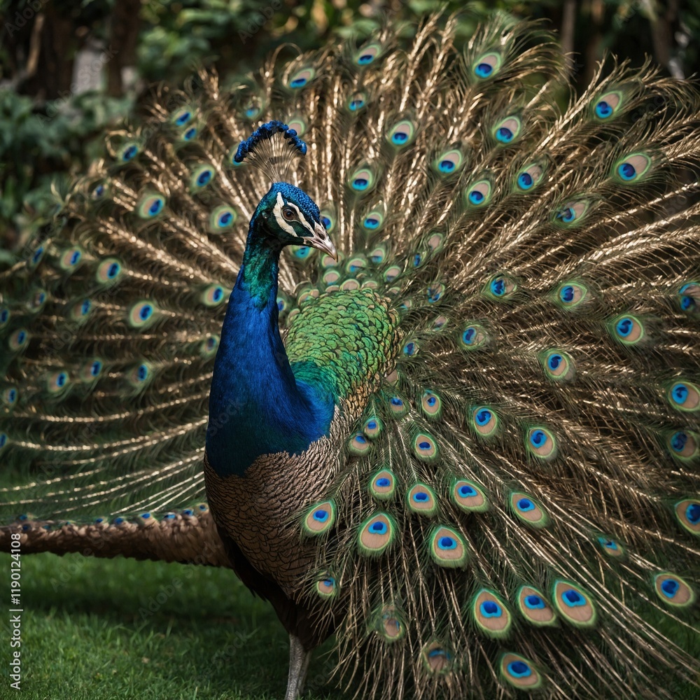 Fototapeta premium A peacock displaying its vibrant feathers in a lush garden.