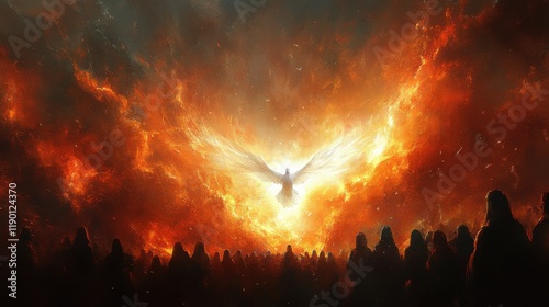 pentecost the descent of the holy spirit on the followers people in front of a bright fire with white dove in the flames digital painting