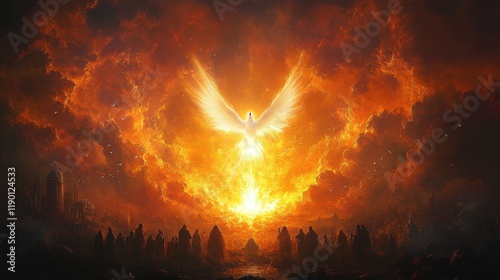 pentecost the descent of the holy spirit on the followers people in front of a bright fire with white dove in the sky digital painting
