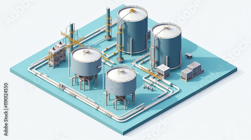 Isometric Chemical Plant with Storage Tanks and Pipelines. 