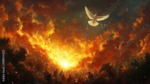 pentecost the descent of the holy spirit on the followers people in front of a bright fire with white dove in the sky digital painting