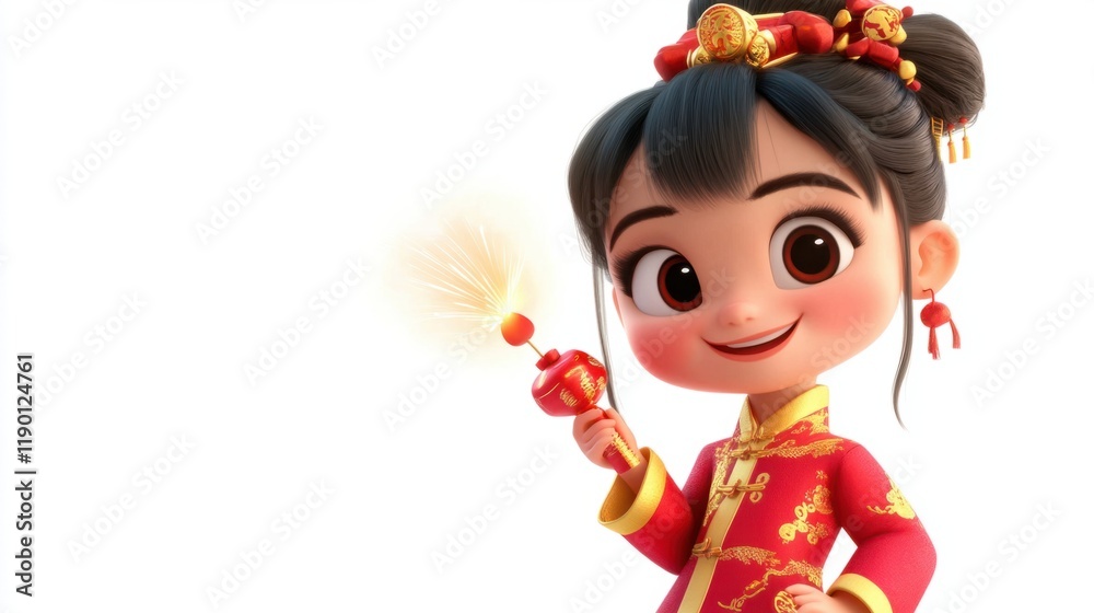 A cartoon girl holding a firecracker and wearing a festive Chinese outfit, looking cheerful, isolated on white A cartoon girl holding a firecracker and wearing a festive Chinese outfit, looking cheerful, isolated on white