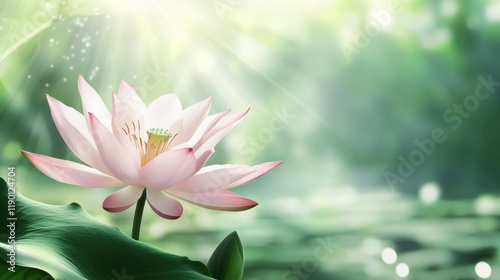 Serene pink lotus flower in sunlit garden.
