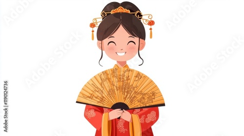 A cartoon girl holding a fan with intricate Chinese patterns, dressed in a festive qipao and smiling warmly, on white