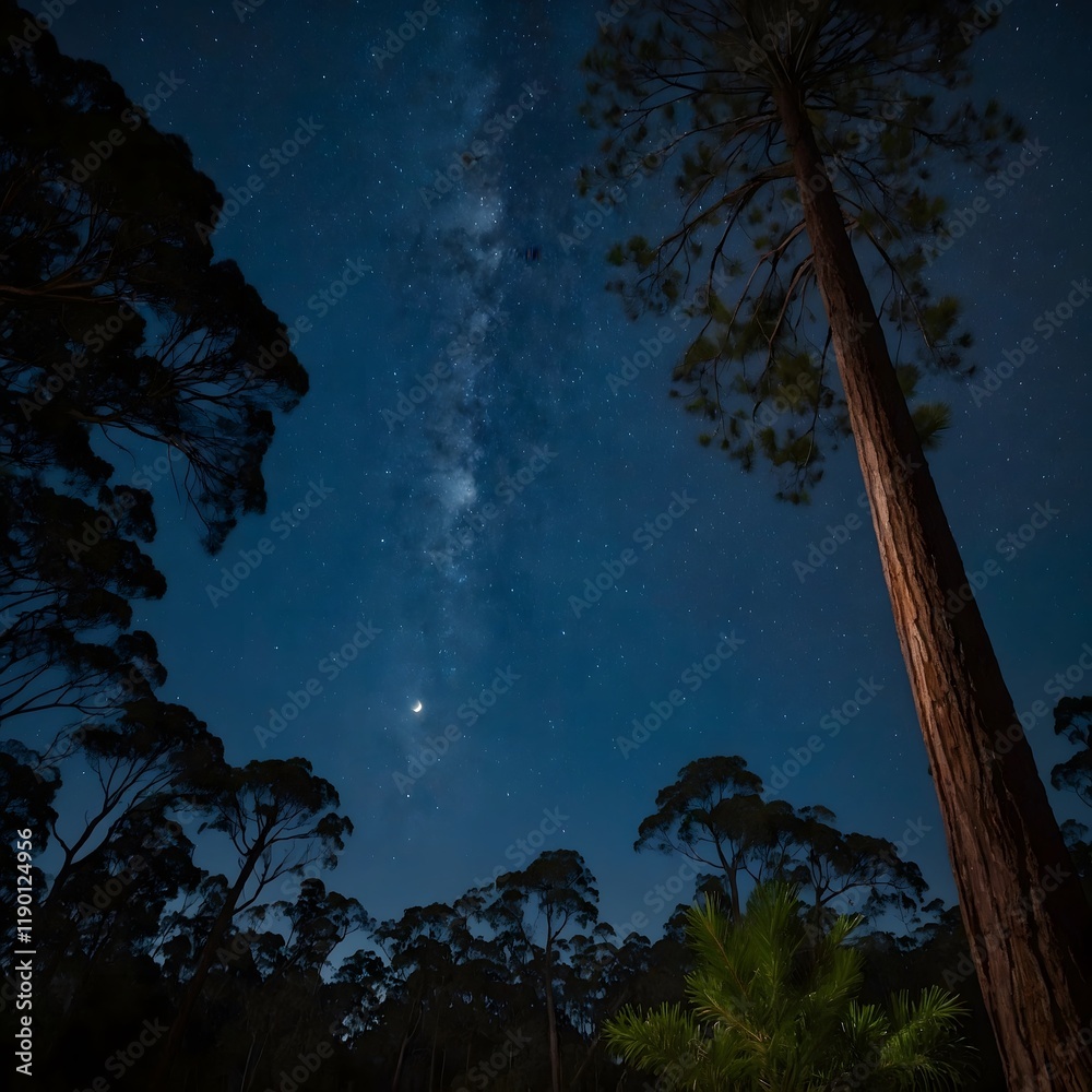Fototapeta premium Whispers of the Night: Wollemi Pines Beneath a Starry Sky and Dancing Fireflies