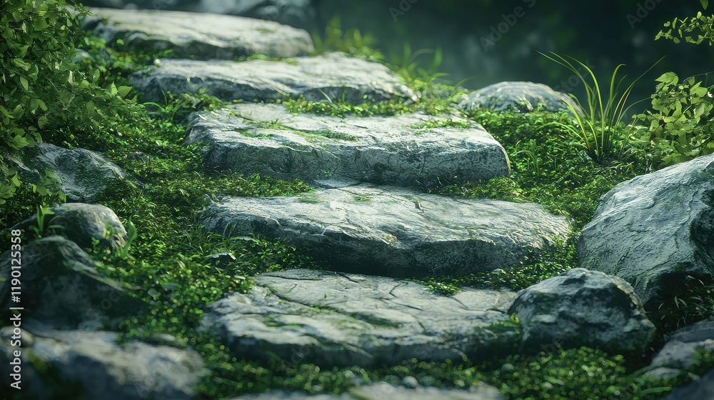 Naklejka premium Mossy Stone Steps Leading Through Lush Greenery