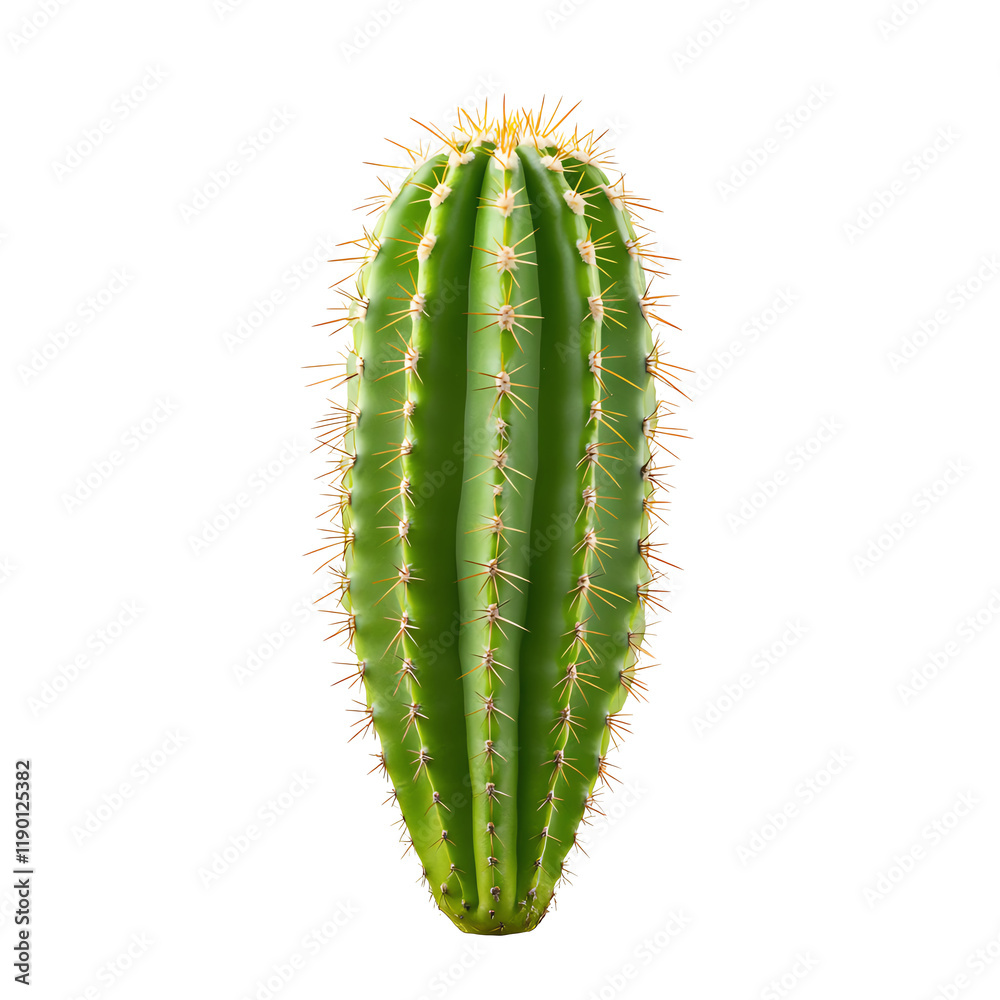 Naklejka premium Tall green cactus with distinct ribs and spines, isolated on a white background.