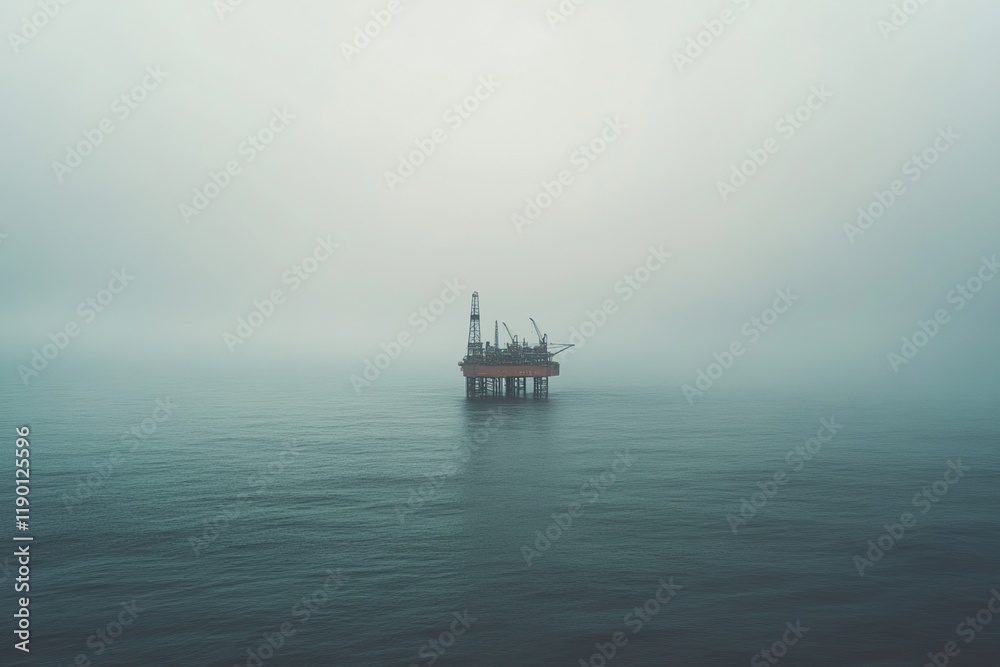 Offshore Oil Rig Stands Alone in Misty Ocean, Industry's Symbol of Energy Production, a Solitary Structure on the Water Offshore Oil Rig Stands Alone in Misty Ocean, Industry's Symbol of Energy Production, a Solitary Structure on the Water