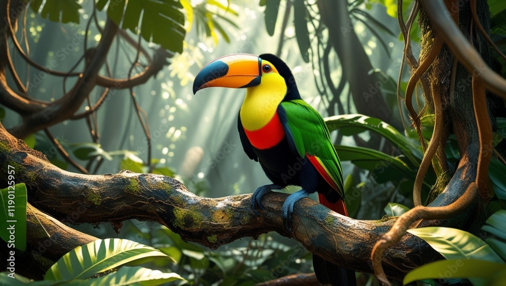 A colorful toucan perched on a branch in a dense jungle setting.
A colorful toucan perched on a branch in a dense jungle setting.