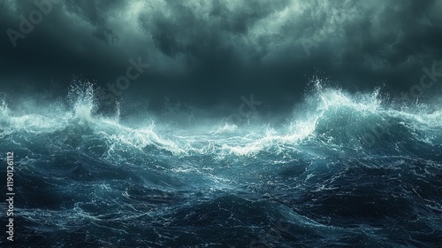 Dark Stormy Ocean Waves Crashing Under a Gloomy Sky