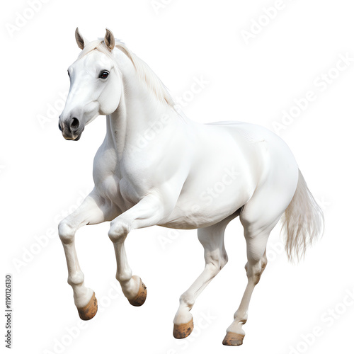 White horse galloping elegantly against a white isolated background.