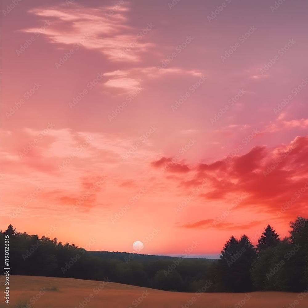 Fototapeta premium Serene Sunset Over Silhouetted Trees and Field