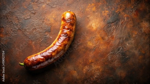 Grilled sausage, deliciously grunge. Brown textured background enhances the food photography's rustic charm.