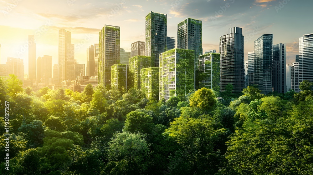 Obraz premium Eco-Friendly Cityscape Featuring Innovative Buildings in a Lush Green Environment with Modern Architecture Bathed in Warm Sunset Light