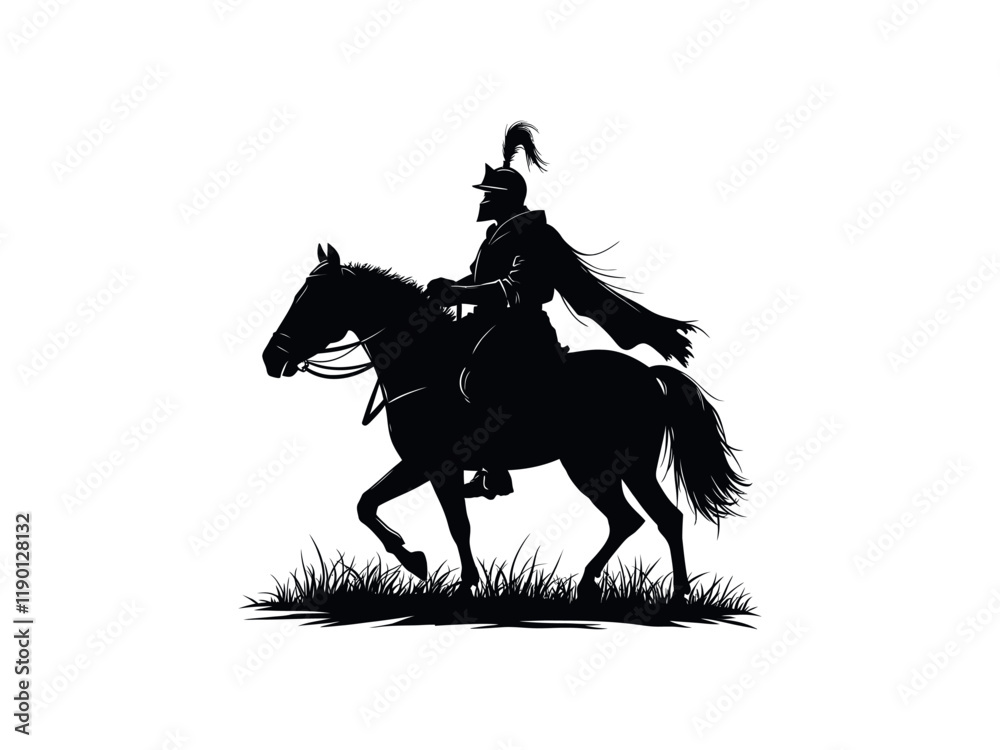 Naklejka premium Knights warriors or Medieval Knight soldiers on horse black silhouettes illustration isolated on white background