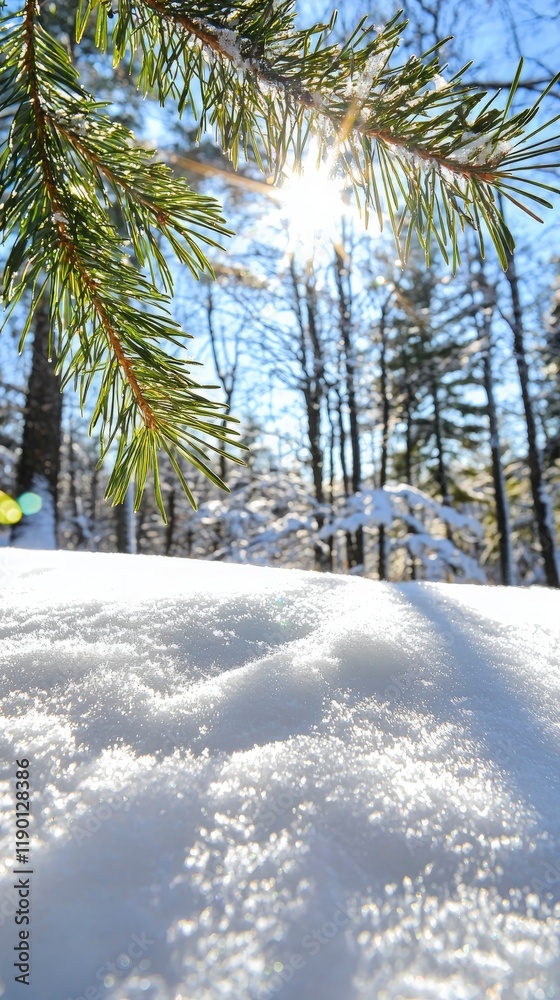 Sunlit Snow and Pine Branch in Winter Forest. Sunlit Snow and Pine Branch in Winter Forest.