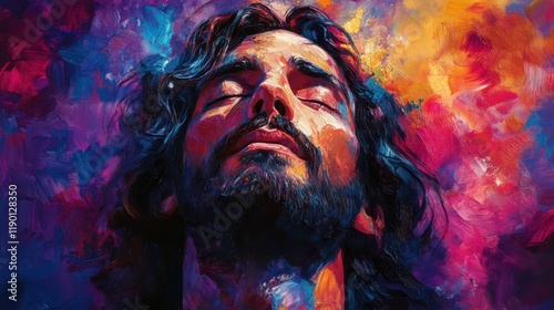 portrait of jesus with his eyes closed praying colorful oil painting
