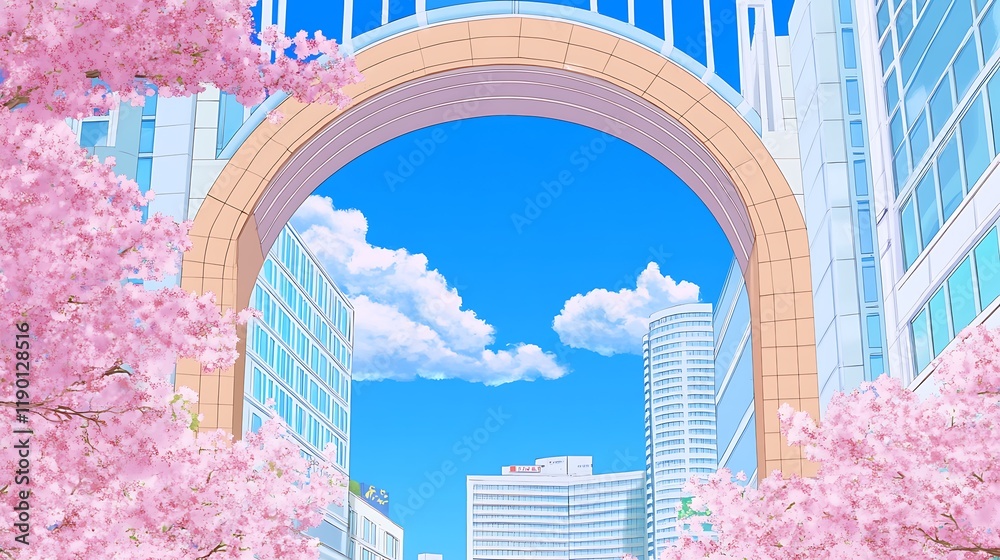 Fototapeta premium A Beautiful Cityscape Framed by Cherry Blossoms Under a Clear Blue Sky