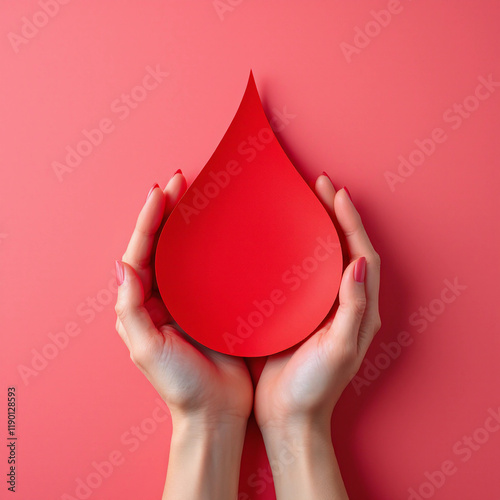 A woman's hand holding a red paper blood drop shape against a pastel red background, symbolizing blood donation and donor day awareness.