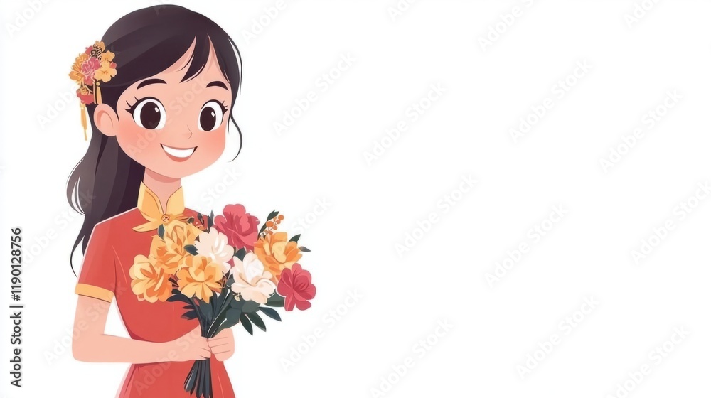 A sweet cartoon girl dressed in a traditional qipao, holding a bouquet of festive flowers, smiling warmly, on a clean white background A sweet cartoon girl dressed in a traditional qipao, holding a bouquet of festive flowers, smiling warmly, on a clean white background