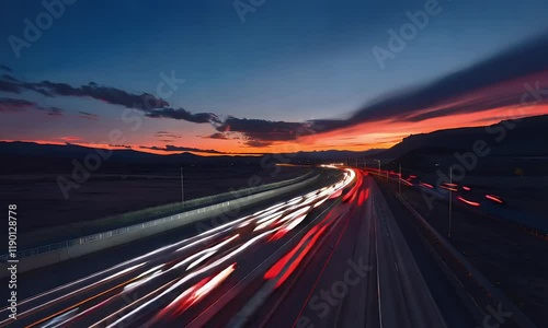 Morning timelapse of a highway with streaking car lights under a vibrant sky, showcasing dynamic motion, early travel, and serene natural beauty