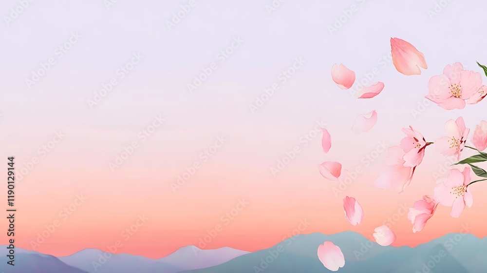 A Beautiful Landscape of Cherry Blossoms and Mountains Under a Soft Sky A Beautiful Landscape of Cherry Blossoms and Mountains Under a Soft Sky