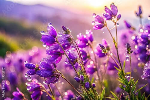 Immerse yourself in ethereal beauty: macro photography reveals stunning purple wildflowers cloaked in morning mist. photo