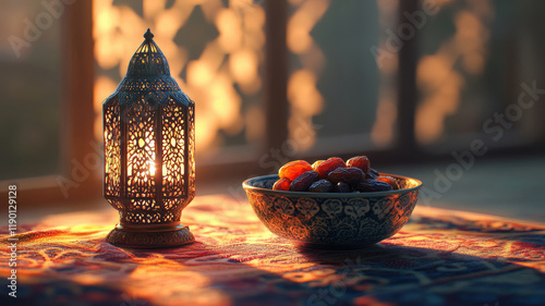 Arabic lantern with glowing light and a bowl of dates on a patterned fabric for Ramadan celebration photo