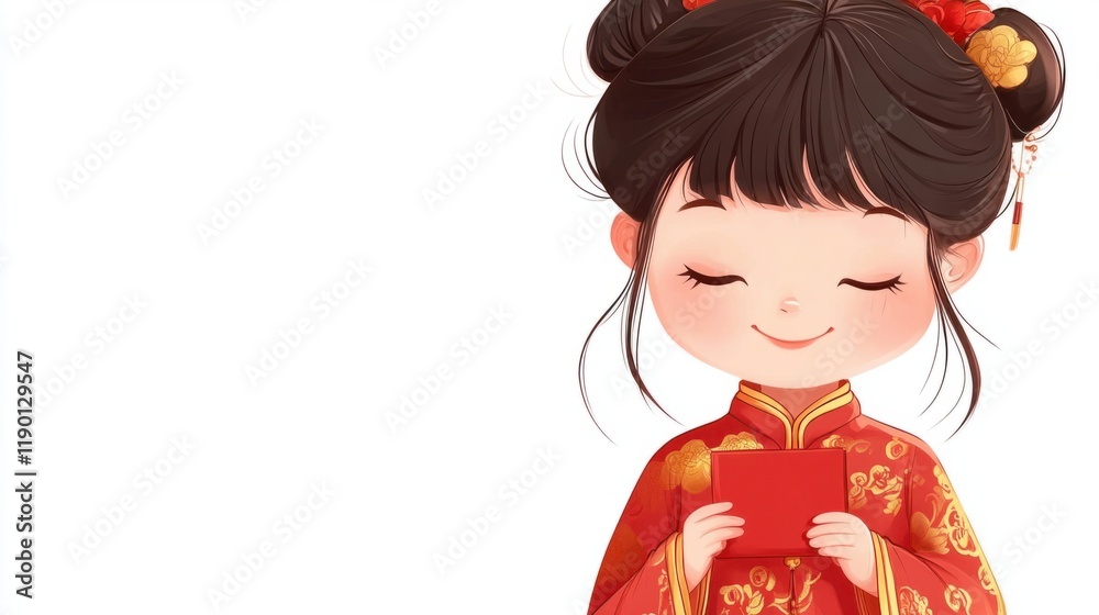 A sweet cartoon girl wearing a festive red and gold Chinese outfit, holding a small red envelope, isolated on a clean white background A sweet cartoon girl wearing a festive red and gold Chinese outfit, holding a small red envelope, isolated on a clean white background