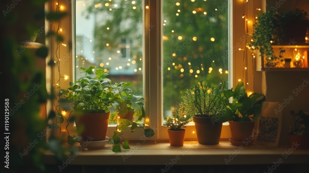 Twinkling decorative lights strung around a window frame, creating a cozy and festive indoor ambiance Twinkling decorative lights strung around a window frame, creating a cozy and festive indoor ambiance