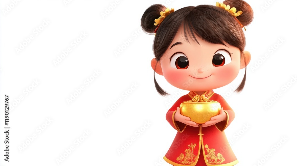 A young cartoon girl in a traditional Chinese outfit standing with a golden ingot and a happy expression, isolated on white A young cartoon girl in a traditional Chinese outfit standing with a golden ingot and a happy expression, isolated on white