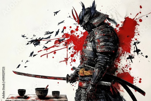 A striking samurai warrior painting set against a clean white background.