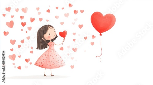 Wallpaper Mural A cartoon girl in a pink dress holding a red heart-shaped balloon, surrounded by floating hearts, isolated on white Torontodigital.ca