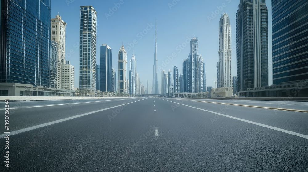 Fototapeta premium Wide-angle view of an empty urban street surrounded by skyscrapers, with ample negative space in the clear blue sky for creative design use
