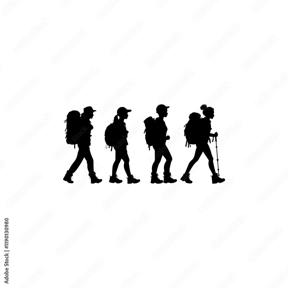 Obraz premium Set of silhouette of walking woman with backpack, hiking, trekking - vector illustration, 